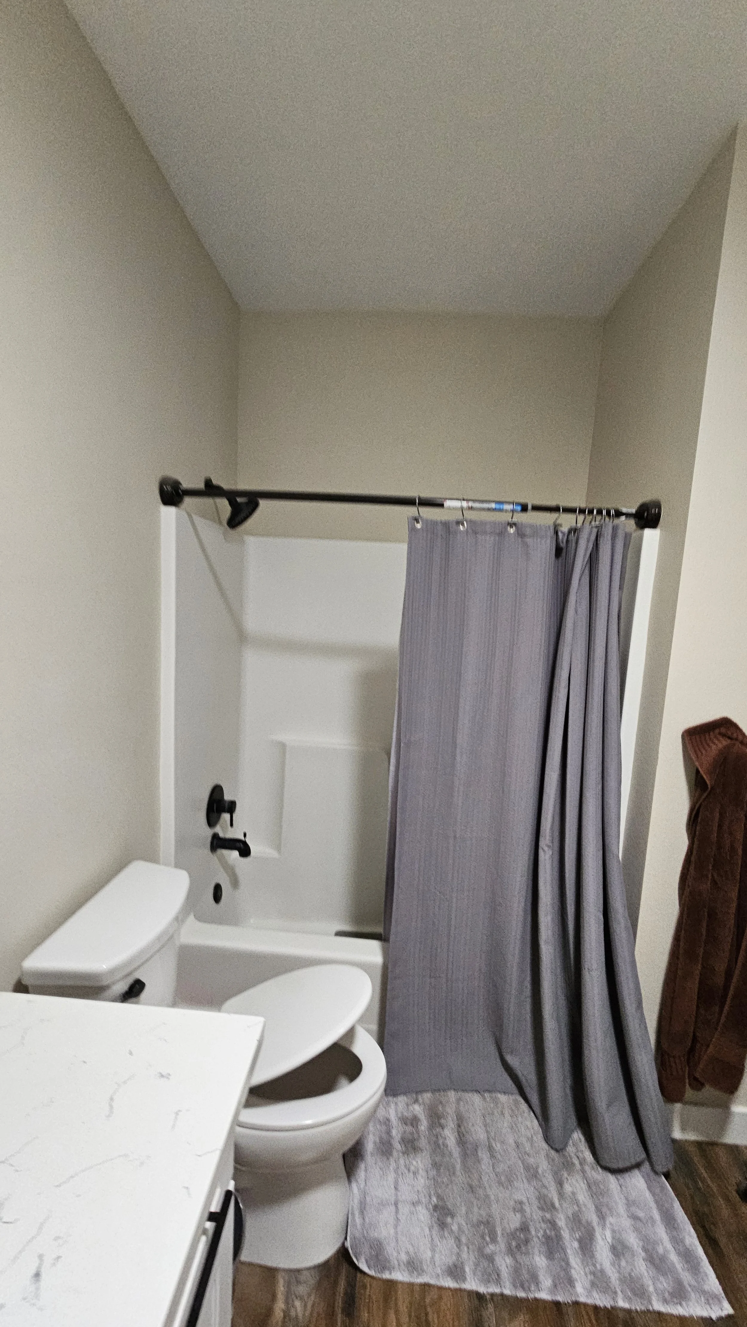 Small bathroom with a toilet, bathtub with gray shower curtain, gray bath mat, and beige walls.