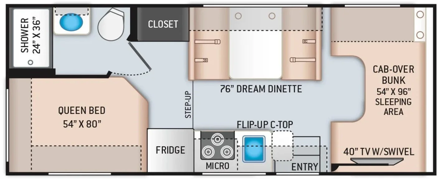 Floor plan of a compact recreational vehicle with a queen bed, bathroom, kitchen, dinette, and a cab-over bunk sleeping area.