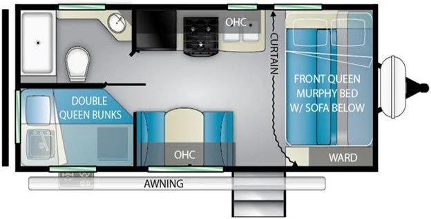 Floor plan of a recreational vehicle with a front queen Murphy bed with sofa below, a bathroom with a toilet and bathtub, a kitchen area with a stove and sink, a double queen bunk bed, an awning outside, and closets.
