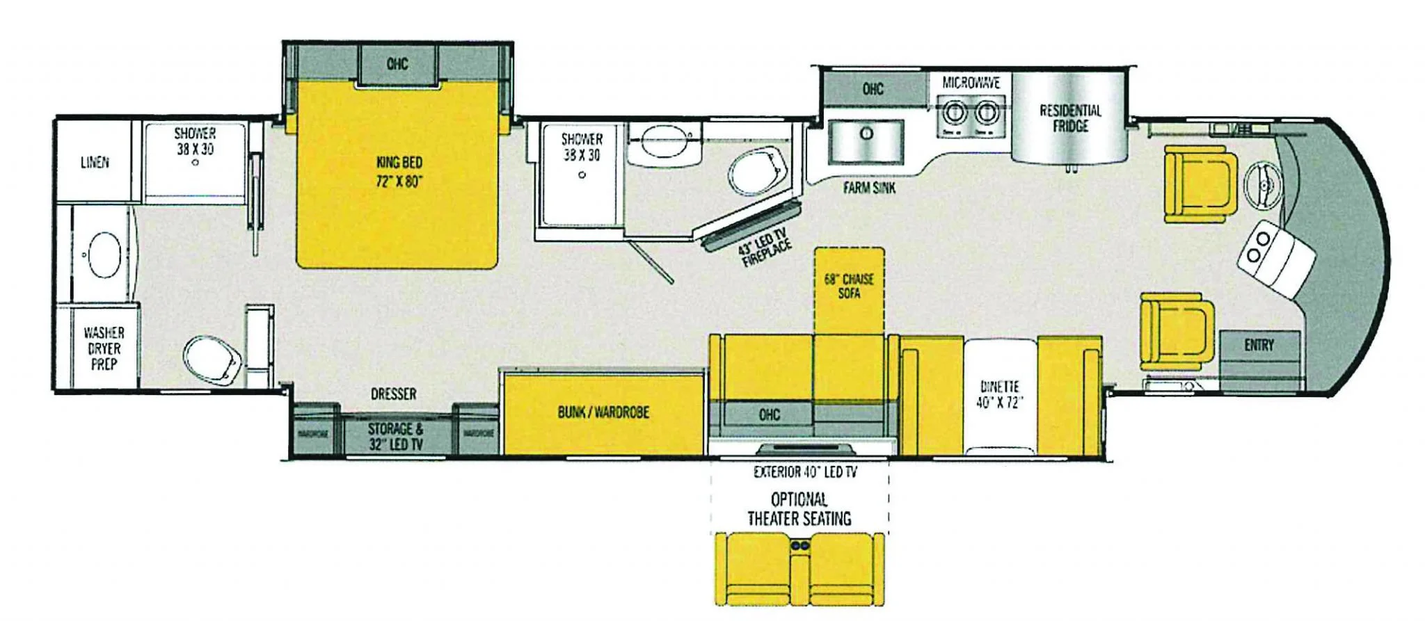 Floor plan of an RV featuring a king bed, shower, bathroom, washer and dryer prep area, storage with LED TV, bunk/wardrobe, dinette, chase sofa, driver and passenger seats, kitchen with microwave, refrigerator, and farm sink, and an external LED TV w