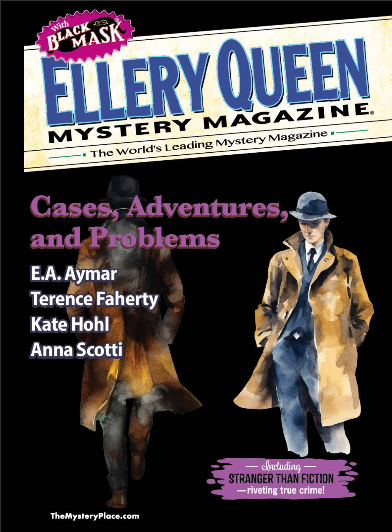 Cover of Ellery Queen Mystery Magazine, featuring illustrated characters in coats and hats, with text indicating it is about cases, adventures, and problems, including stories by Shelly Dickson Carr,  Kate Hohl, and a note about true crime stories.