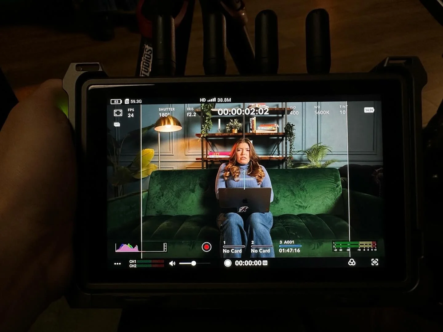 Taylor Bacco BTS on "Ticking" set camera monitor during filming of short film directed by Las Vegas director Kyle Cooper