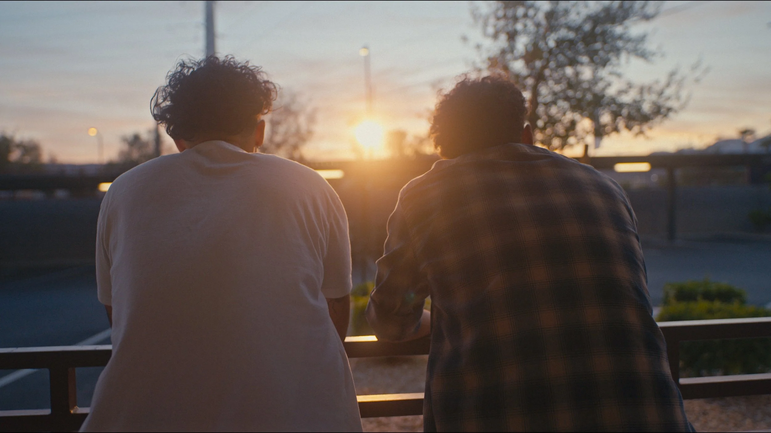 Two people with curly hair sitting on a bench, watching the sunset or sunrise in a suburban or urban area with trees and power lines in the background.