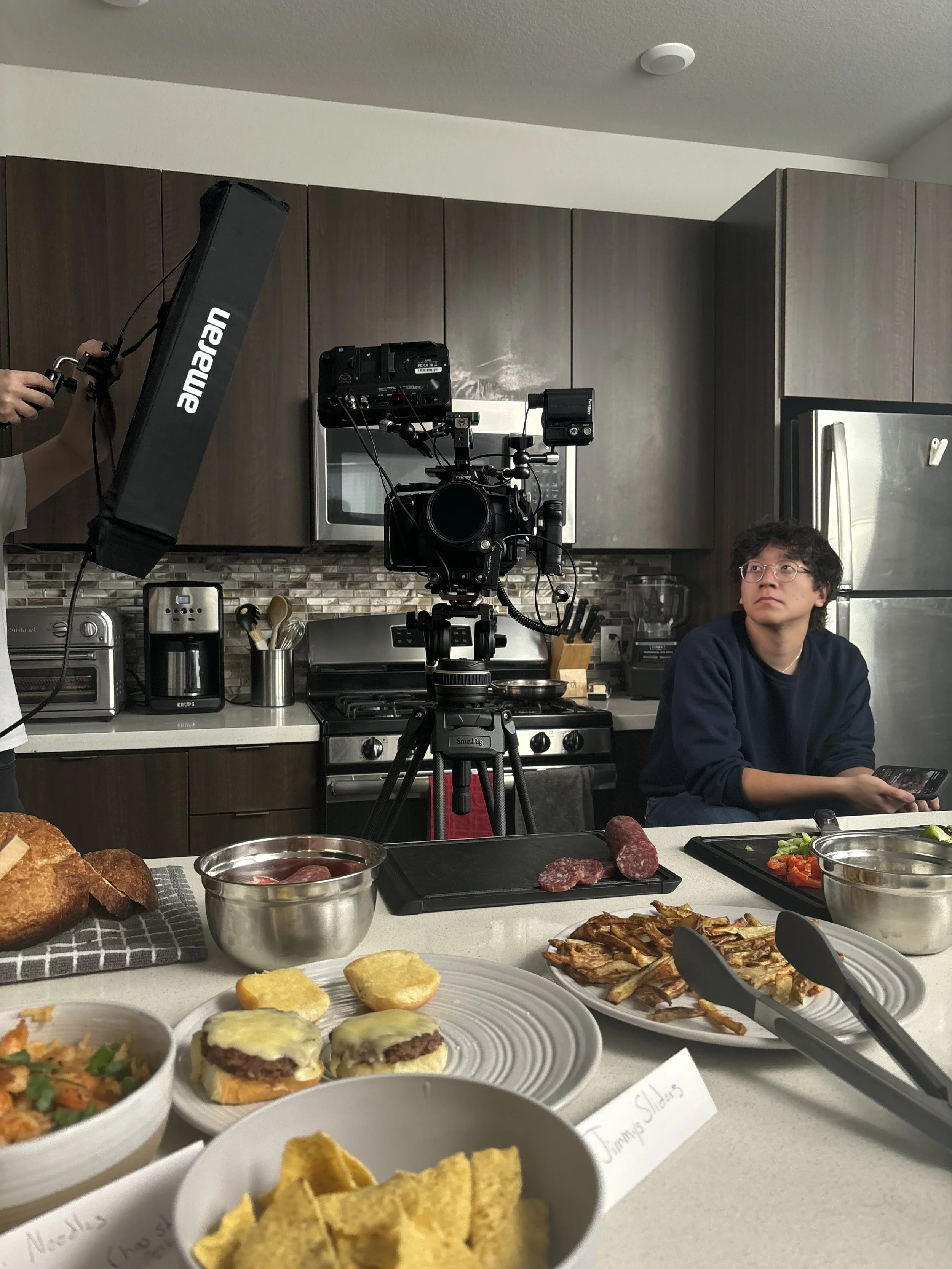 Behind the scenes kitchen set for "Something Good" short film, directed by Kyle Cooper. Las Vegas video production lighting and camera.