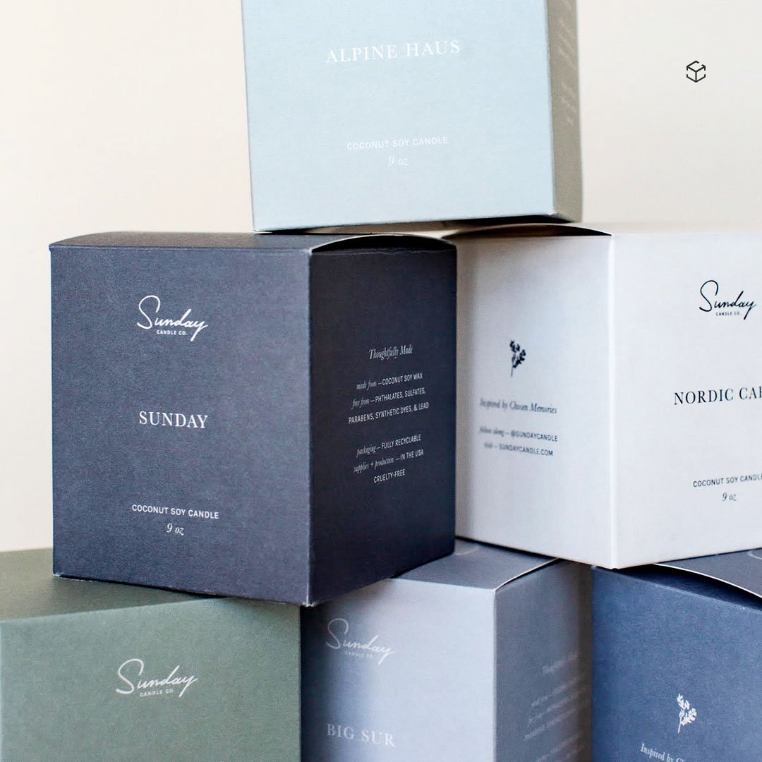 Check out this recent project for the re-launch of the @sundaycandle Sunday Collection! 

3.3593&quot; x 3.3593&quot; x 3.6563&quot; Auto-Bottom Tuck Top (ABTT) folding carton + Custom White E-Flute Liner

Printed on the uncoated side of 18pt SBS

5 