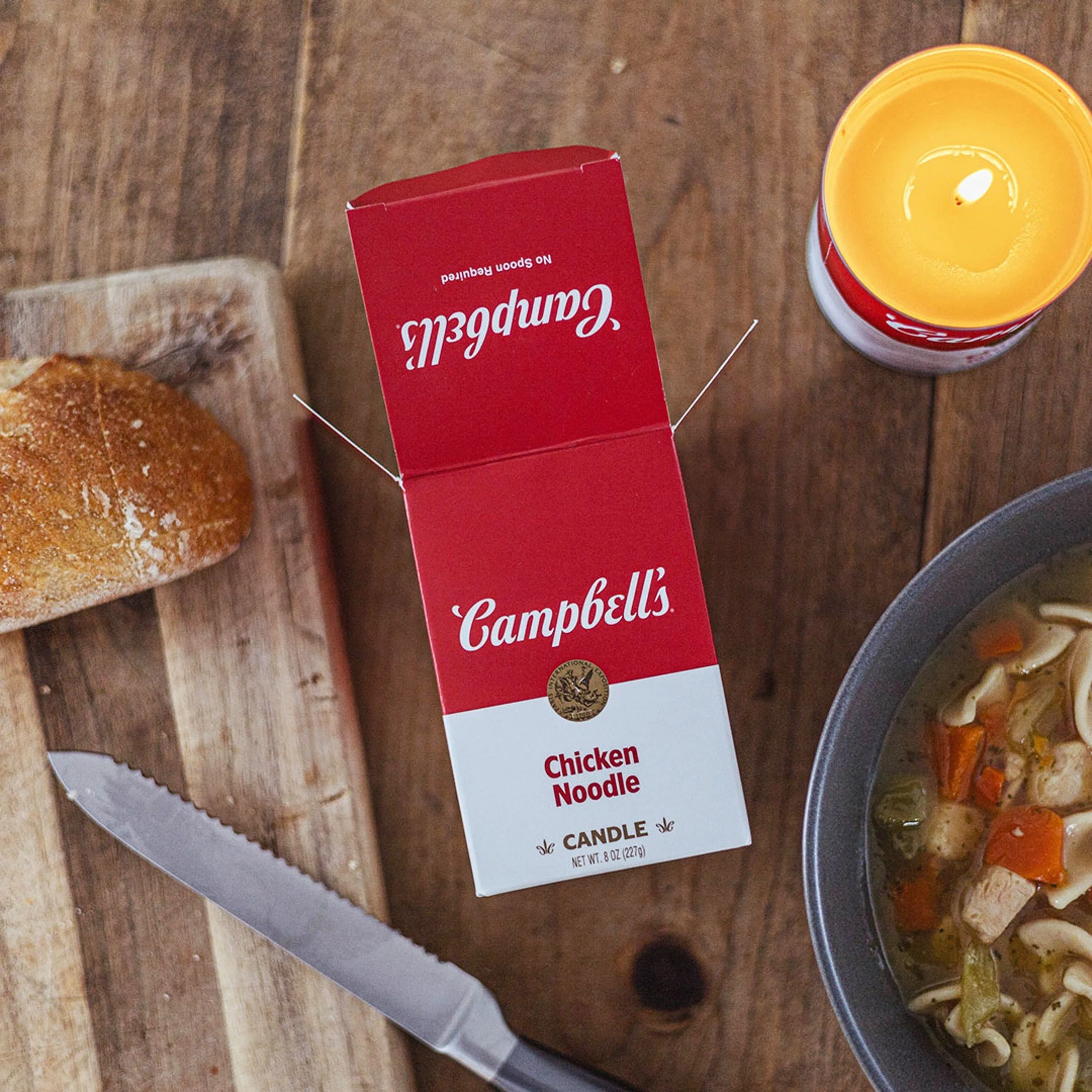 Here's a fun one from the project archives. 

Campbell's Chicken Noodle Candle
Campbell's Grilled Cheese &amp; Tomato Candle

2.687" x 2.687" x 4.125" ABTT carton printed w/ 2 PMS colors and finished with a @derprosa_laminating_films S
