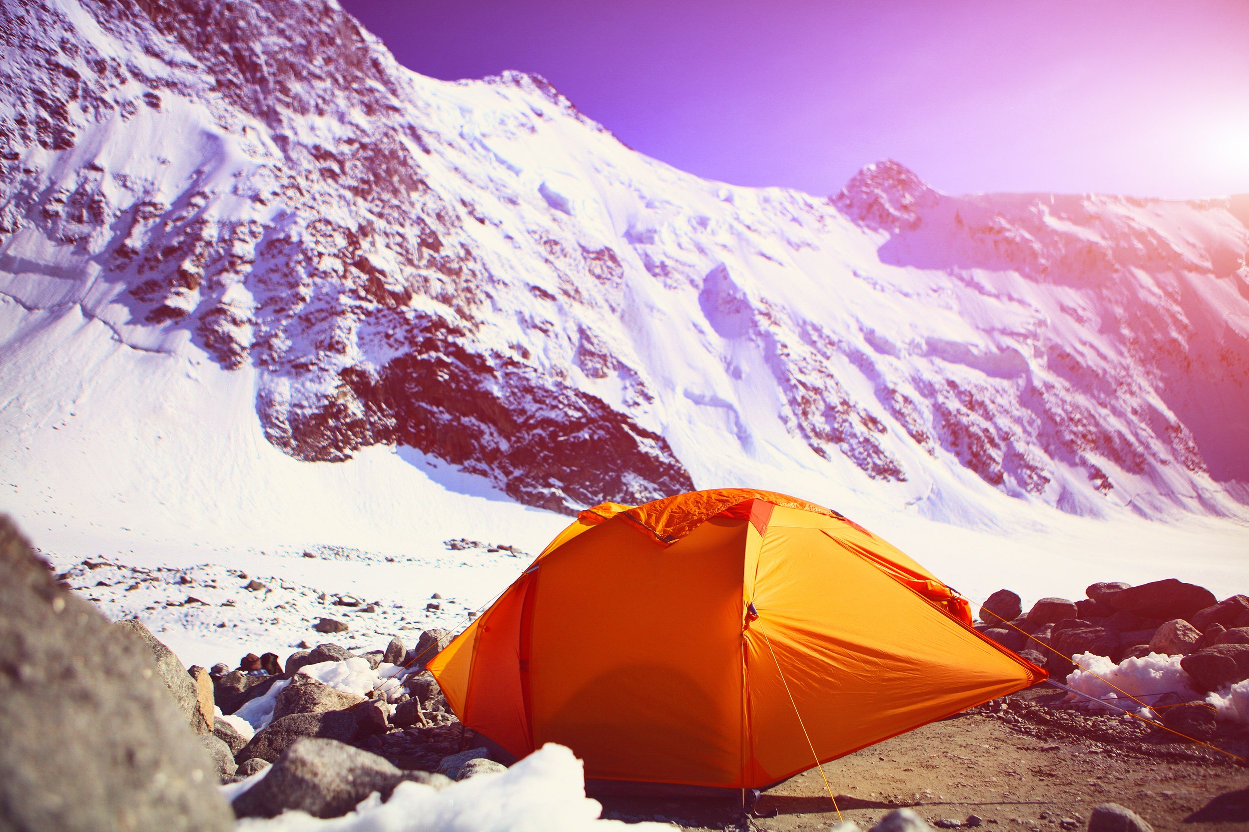 orange tent at the foot of the mountain, Beluha, Russia