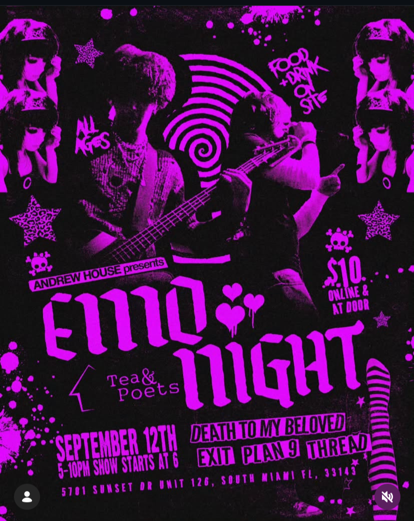 Promotional flyer for Andrew House presents Emo Night on September 12, 2026, at Tea & Poets in South Miami, featuring a lineup of four alternative bands.