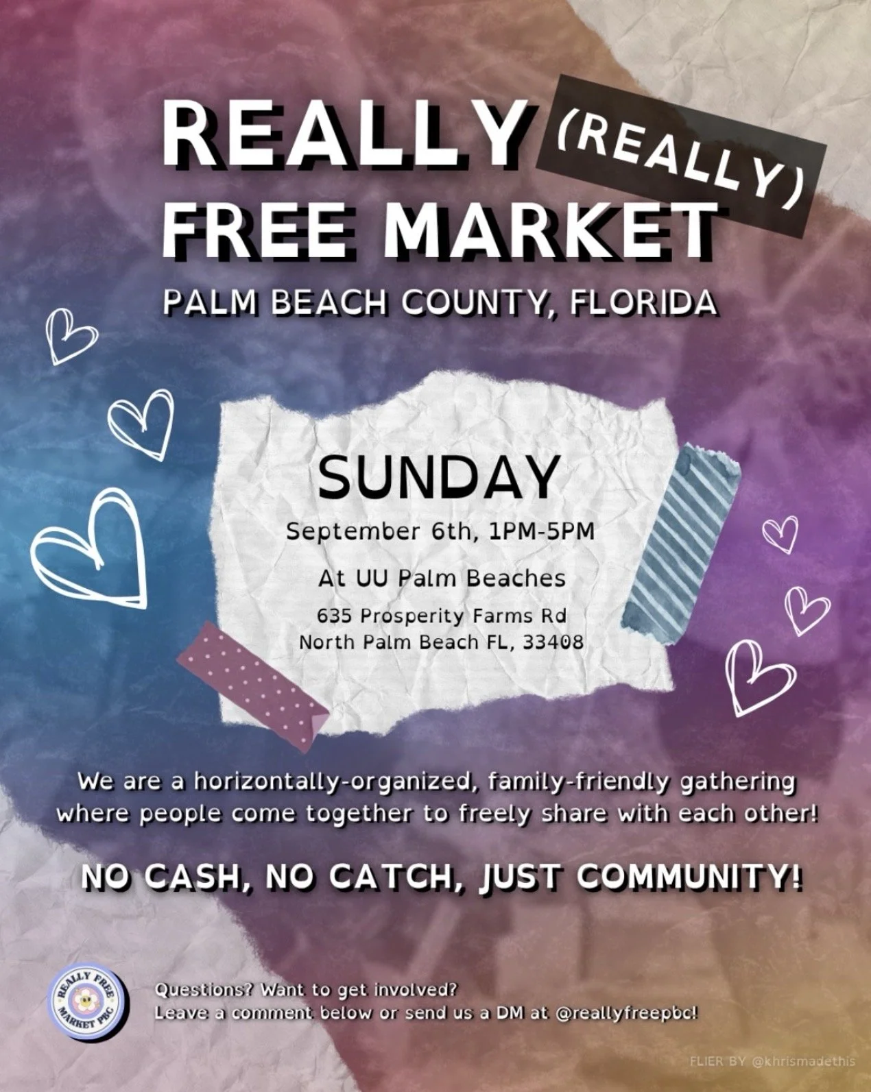 Flyer depicts market information on an ombre paper collage background. White sketched hearts placed around the a torn piece of paper held up with polka-dotted washi tape.