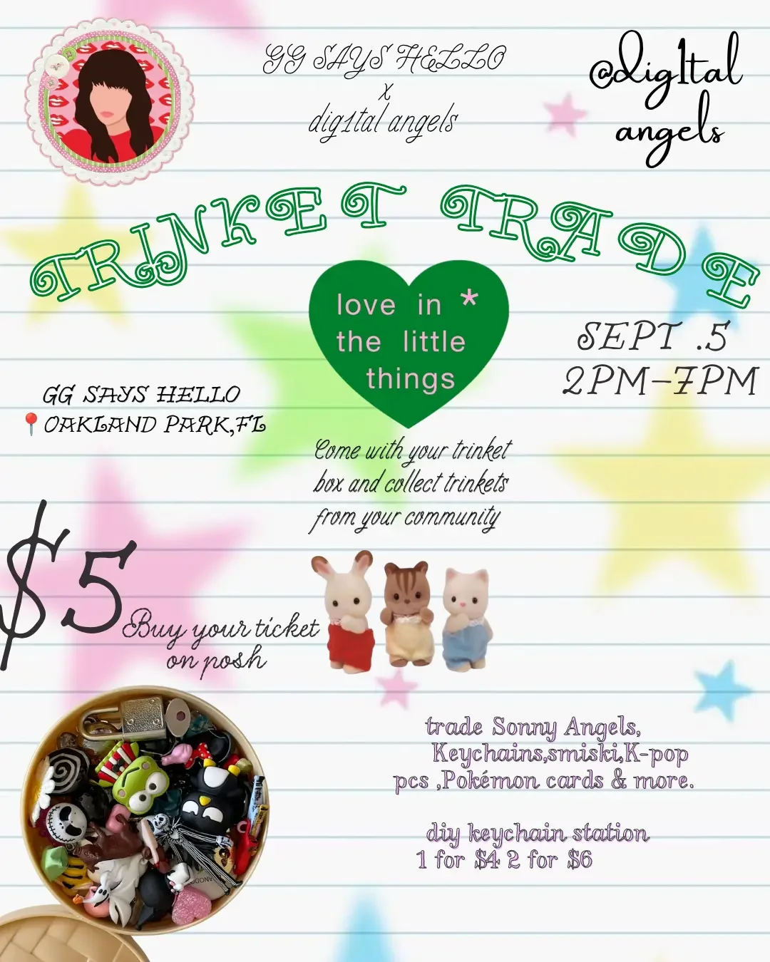 Image depicts trade event flyer which is composed of Digital Angles and GG Says Hello's profile picture, Sanrio characters,  Calico Critters, collectables, and multi-color stars on a wide-ruled loose-leaf paper.