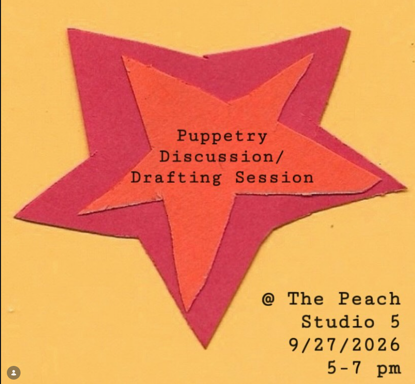 Minimalist poster featuring a layered red star design on a yellow background announcing a Puppetry Discussion/Drafting Session at The Peach Studio 5 on September 27, 2026, from 5 PM to 7 PM.