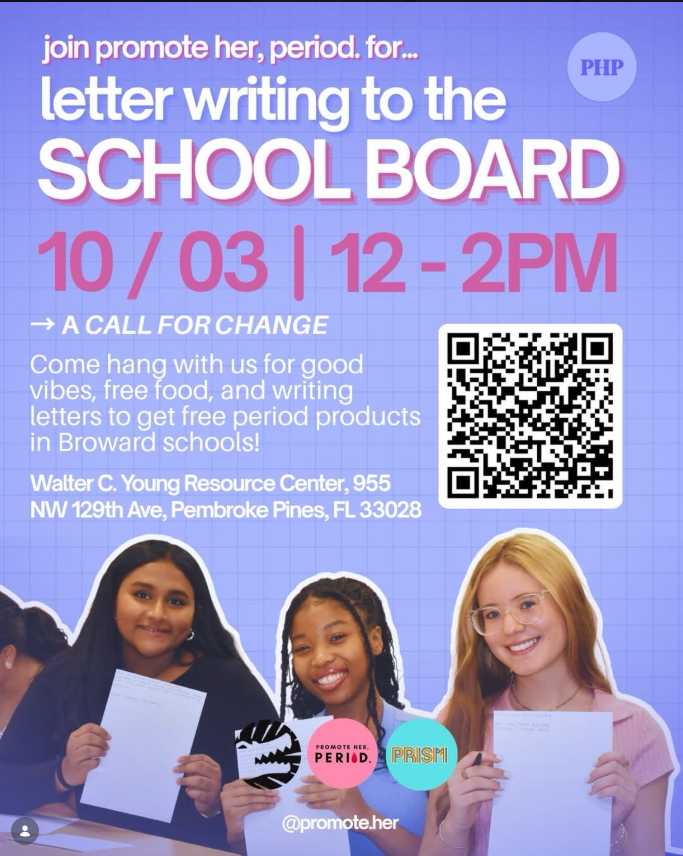 Promotional graphic for Promote Her, Period.'s Letter Writing to the School Board event on Saturday, October 3, 2026, from 12 PM to 2 PM at Walter C. Young Resource Center, featuring photos of young student advocates holding up letters.