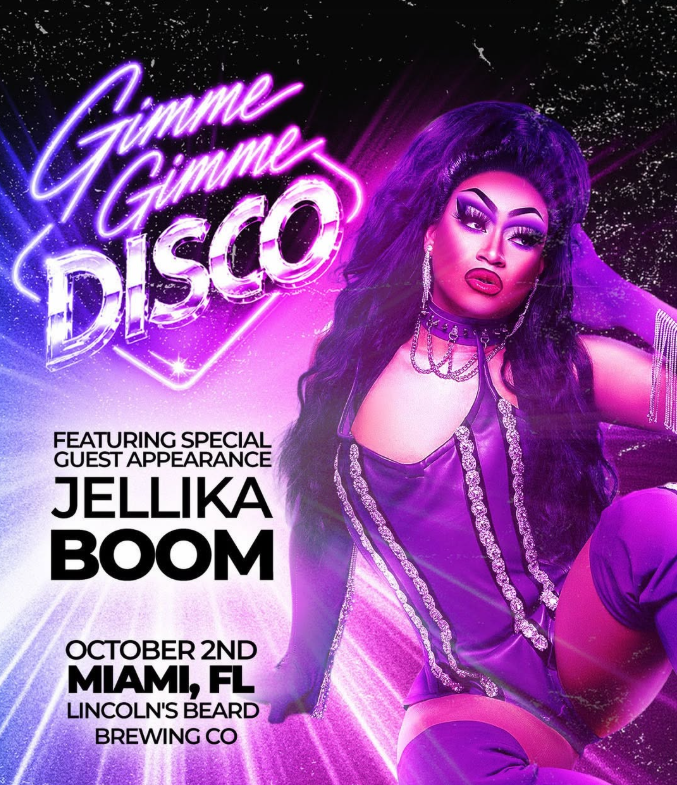 Promotional graphic for Gimme Gimme Disco in Miami on October 2nd at Lincoln's Beard Brewing Co. Features performer Jellika Boom in a purple outfit against a glowing purple backdrop with neon pink text.