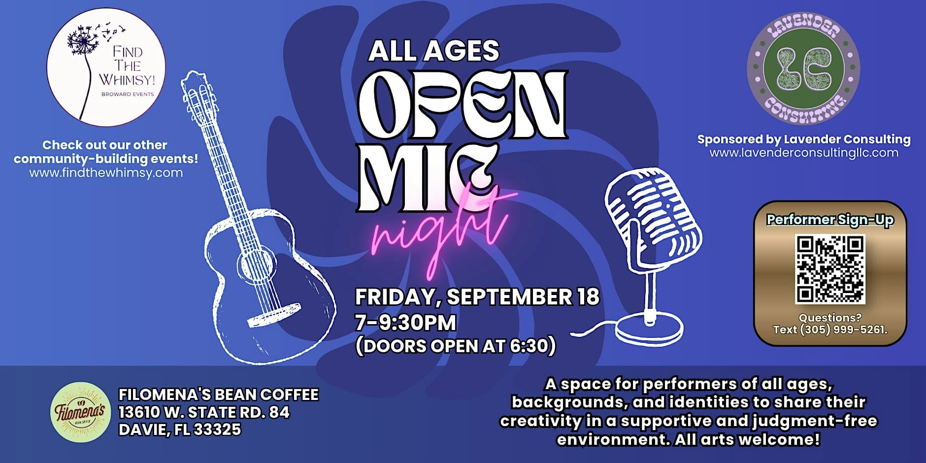 A flyer showing white text over a dark blue flower. To the left of the text is the "Find The Whimsy" Logo and a sketch of a guitar. On the Right of the text is a sketch of a microphone, then the "Lavender Consulting LLC" Logo,