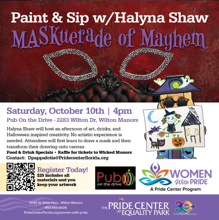 Event promo poster for Paint & Sip: MASKuerade of Mayhem featuring a pair of sparkly, masquerade-style eye masks against a dark background, hosted by Women with Pride and artist Halyna Shaw on Saturday, October 10 at 4 PM at The Pub on Wilton Drive.