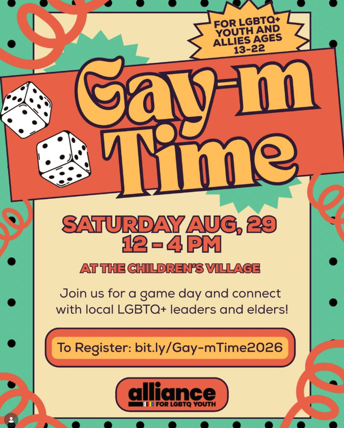 Event flyer for Gay-m Time hosted by The Alliance for LGBTQ Youth, taking place Saturday, August 29, 2026, from 12 to 4 PM at Children's Village at Lotus Village in Miami, Florida.