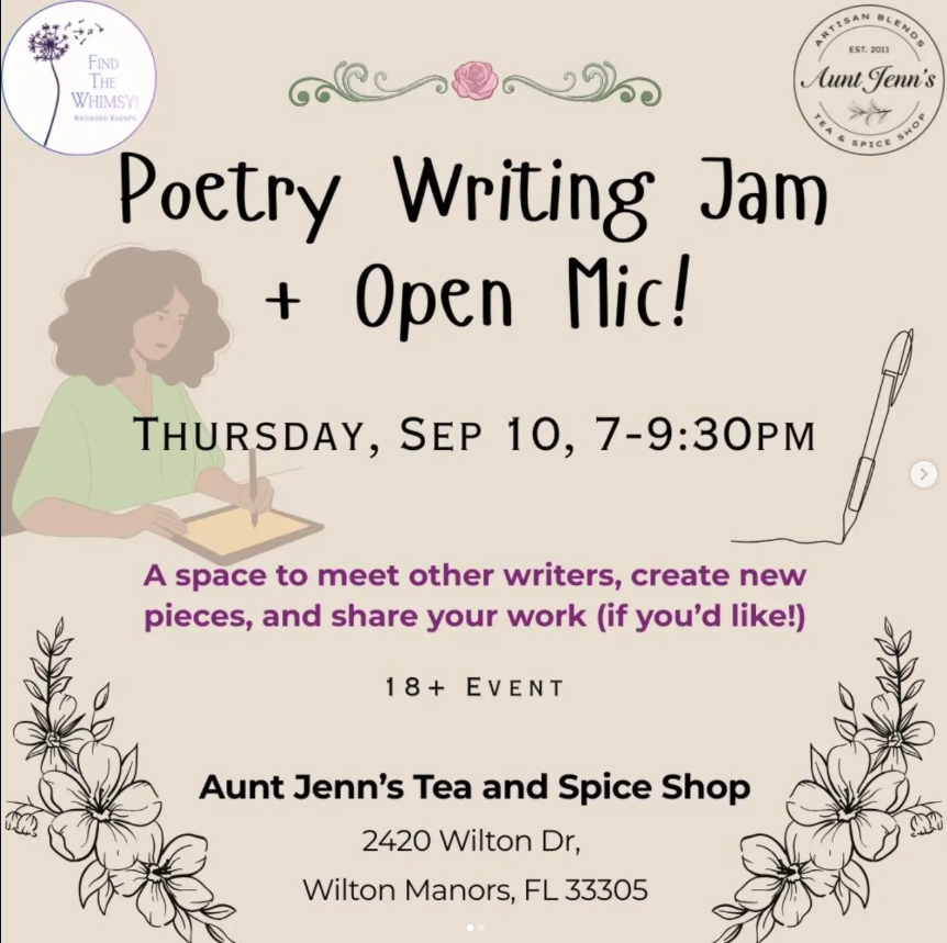 Event flyer for Poetry Writing Jam and Open Mic hosted by Find The Whimsy at Aunt Jenn's Tea and Spice Shop on Thursday, September 10, from 7 to 9:30 PM in Wilton Manors, Florida.