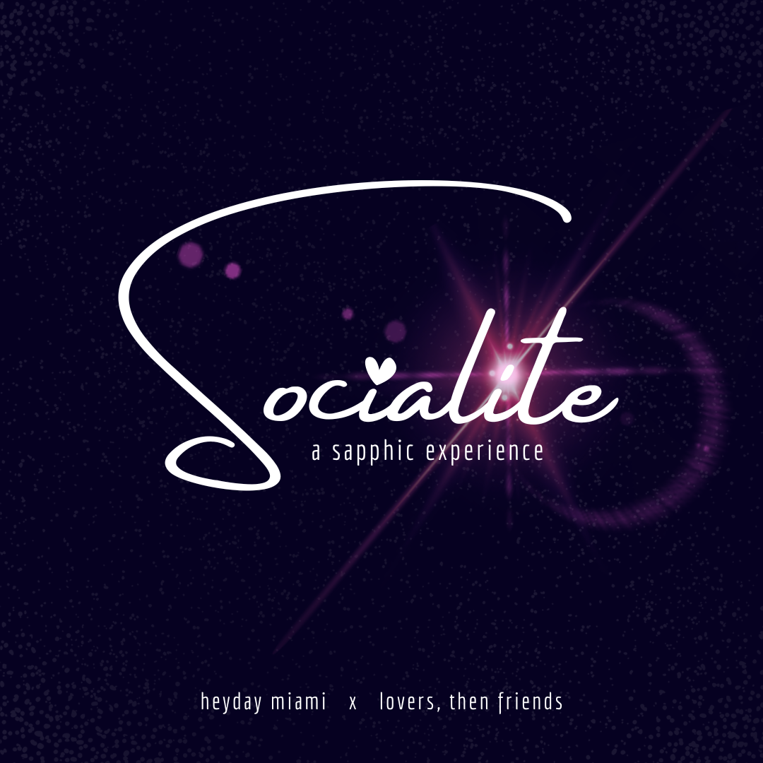 The event flyer depicts white text on a deep purple background. In the center of the image is " Socialite" written in a white handwritting. Behine thes second "i" is a hot pink glare of refracted light.