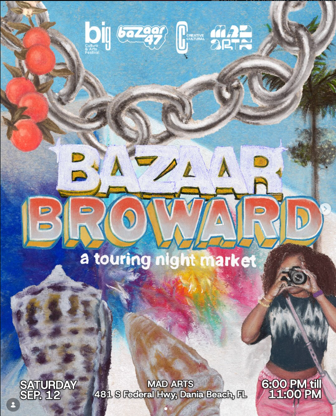 Promotional poster for Bazaar Broward touring night market on September 12, 2026, at MAD Arts in Dania Beach, Florida, featuring colorful retro typography and artwork.