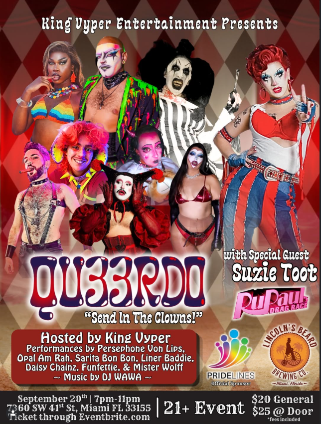 Promotional poster for QU33RDO "Send In The Clowns!" event on September 20, 2026, at Lincoln's Beard Brewing, featuring special guest Suzie Toot from RuPaul's Drag Race alongside a lineup of drag performers.