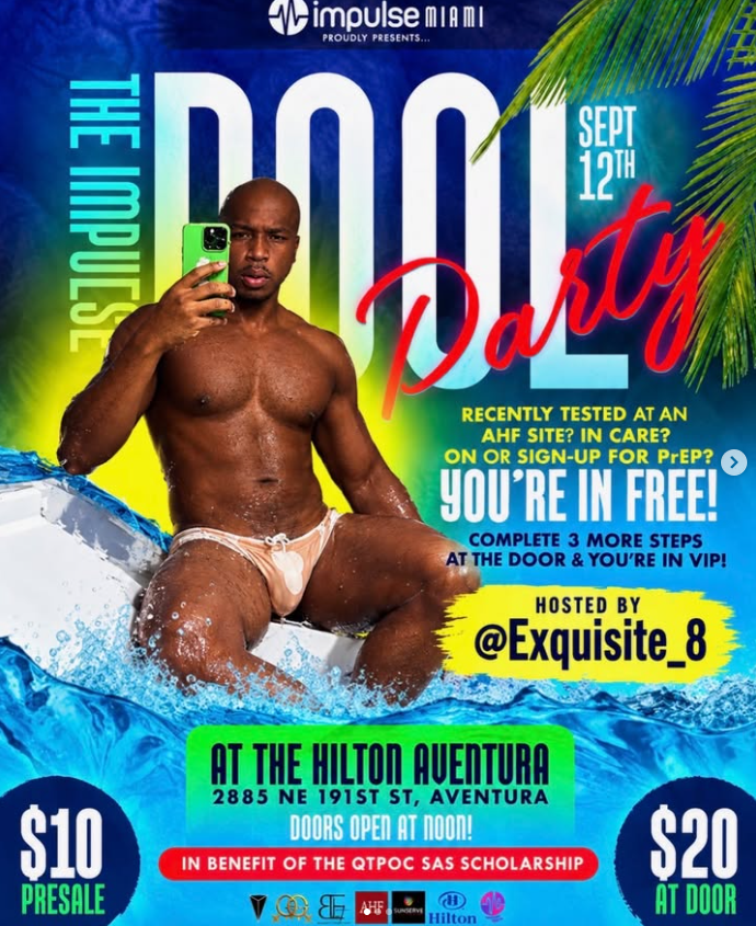 Promotional flyer for The Impulse Pool Party on September 12, 2026, at Hilton Aventura, featuring host Louiveste Lacroix (@exquisite_8) posing poolside in front of blue water graphics.