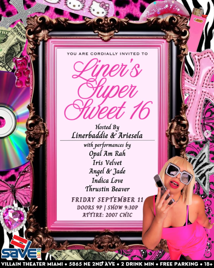 Promotional flyer for Doll LinkUp: Liner's Super Sweet 16 on September 11, 2026, at Villain Theater in Miami, featuring a pink framed poster and photos of hosts Linerbaddie and Ariesela in Y2K fashion.