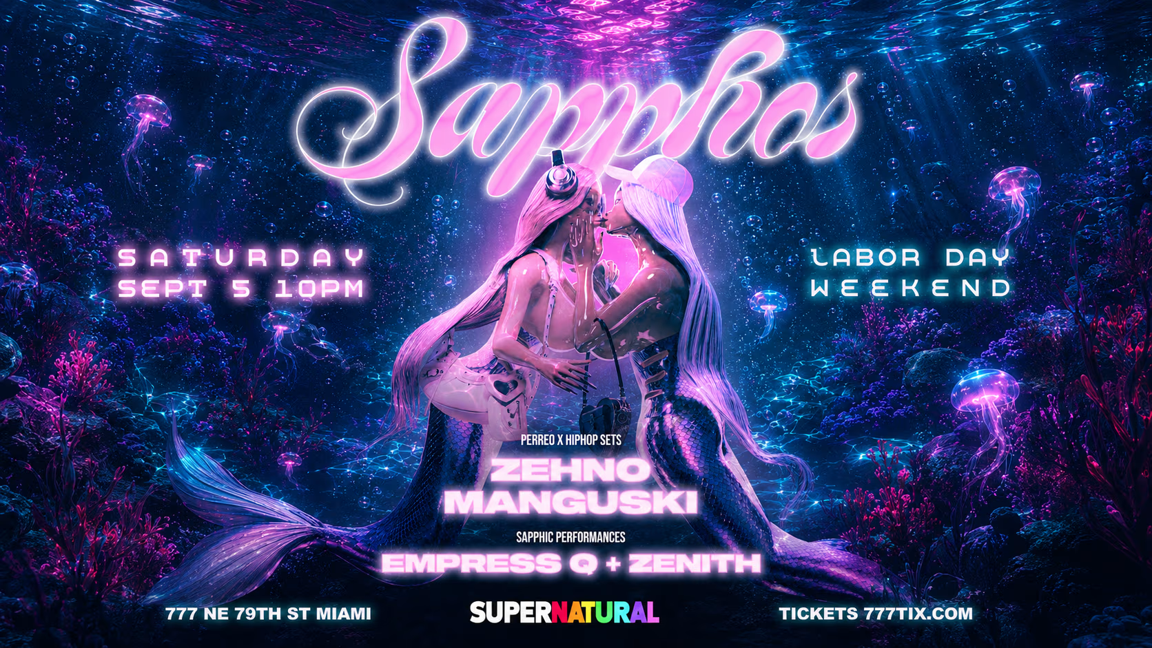 two mermaids, wearing partying attire, kiss in an underwater scene. Above are the words "Sapphos."
