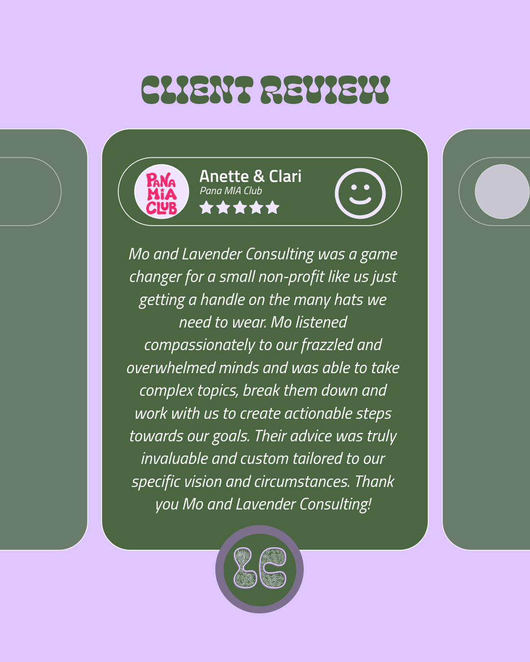Client review card with star rating, smiling face icon, and message praising Mo at Pana MIA club.