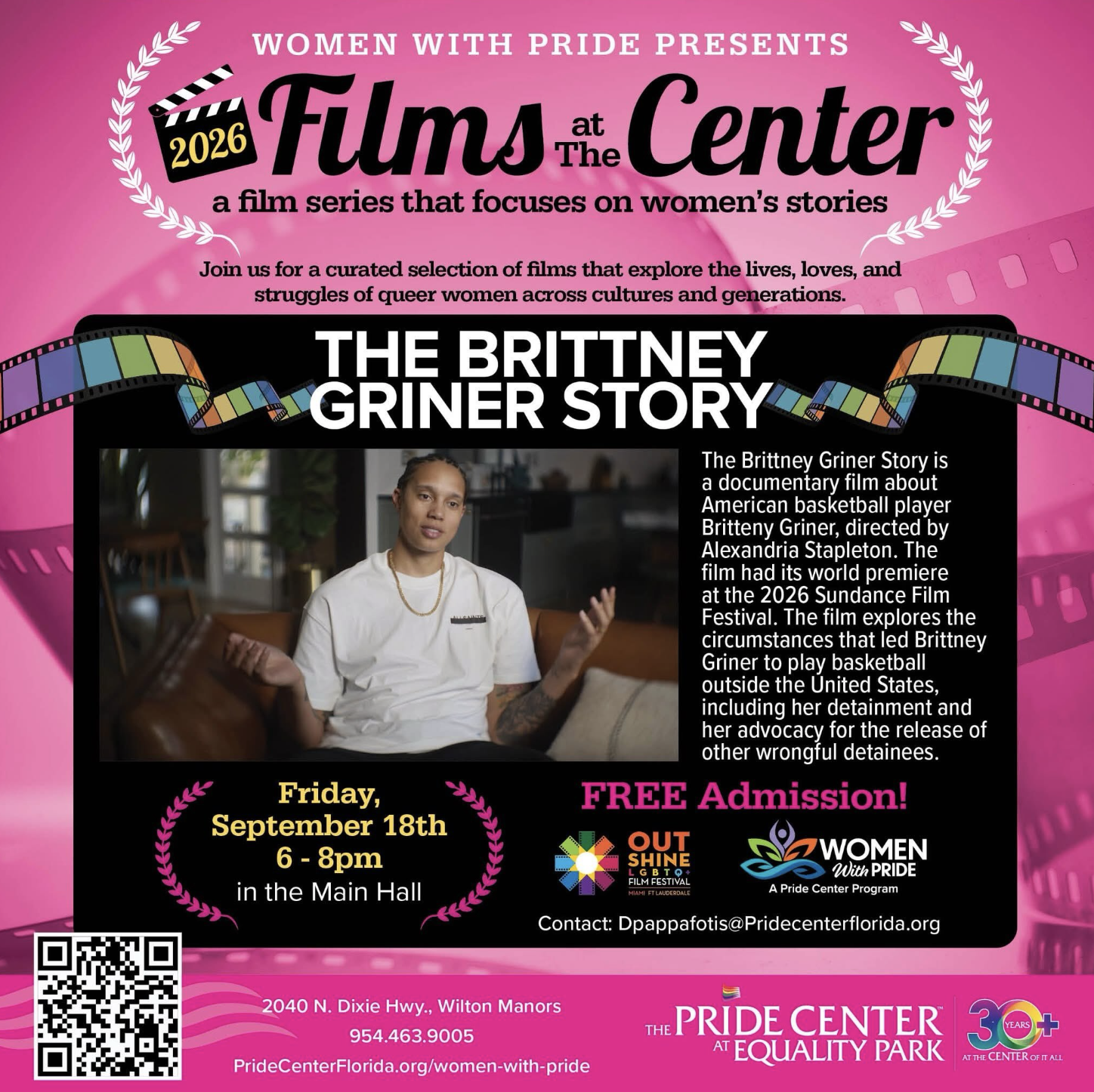 Promotional poster for "Films at the Center" featuring a screening of The Brittney Griner Story on Friday, September 18th at The Pride Center.