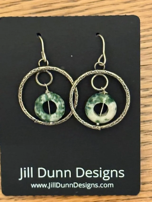 Textured Silver Hoops with Green and white Bead
