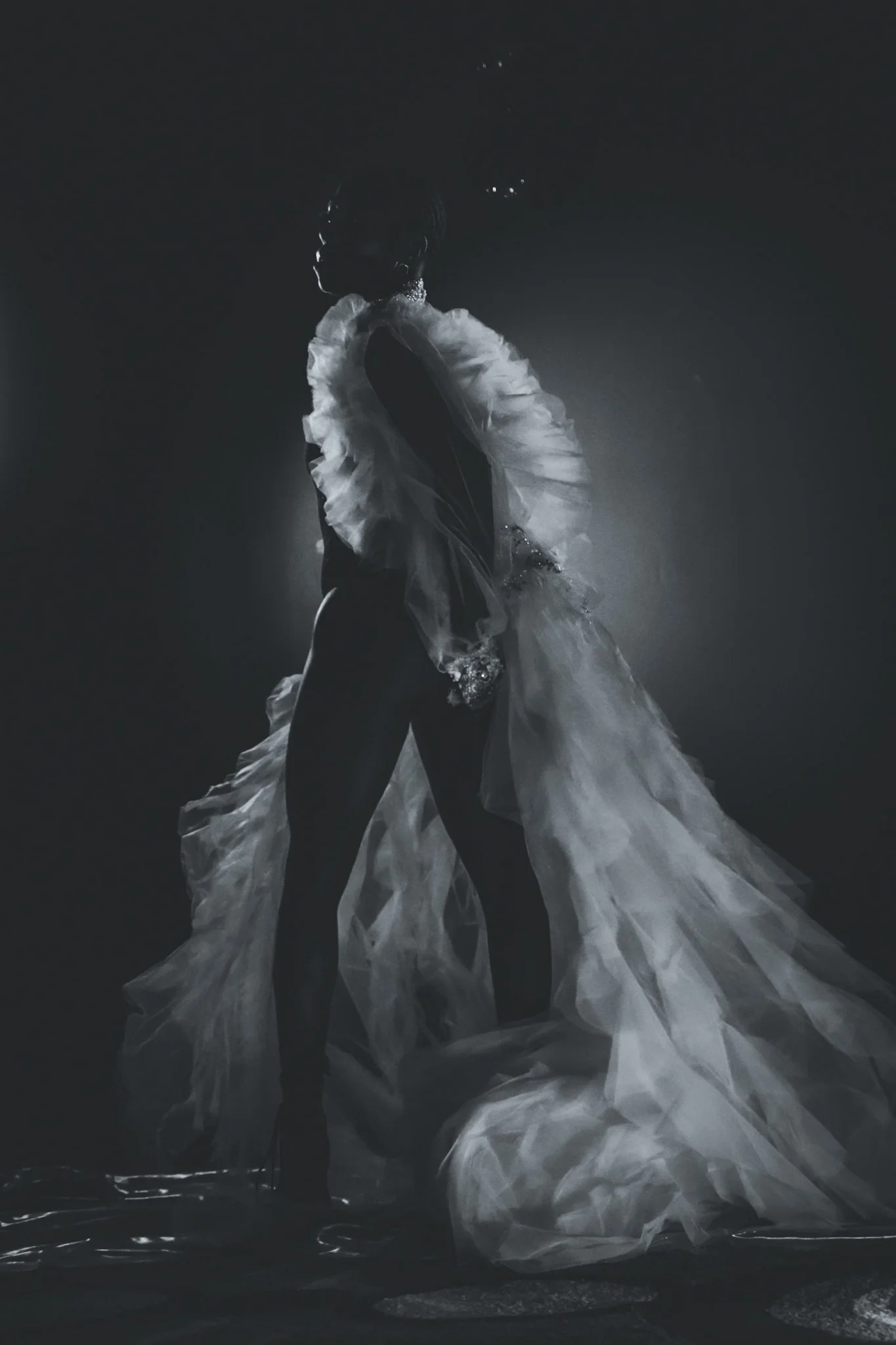 A person in a dramatic pose underwater, wearing a voluminous, flowing dress with tulle fabric, illuminated by a soft light creating a silhouette effect.