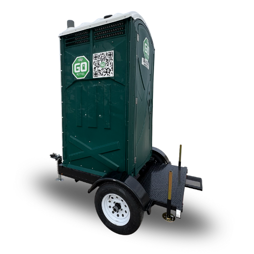 A single unit portable toilet on a trailer provided by Go Potties in Las Vegas