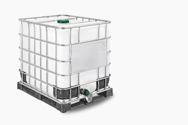 A 250 gallon IBCU water storage tank with a black base, steel cage and green cap