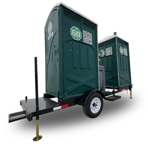Two portable toilets on a towable trailer that can be rented in and around Las Vegas