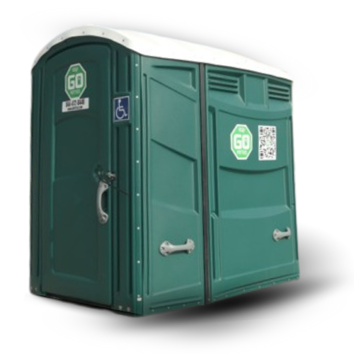 A green Go Potties ADA accessible portable toilet with a white roof, featuring company branding and QR code on the side.