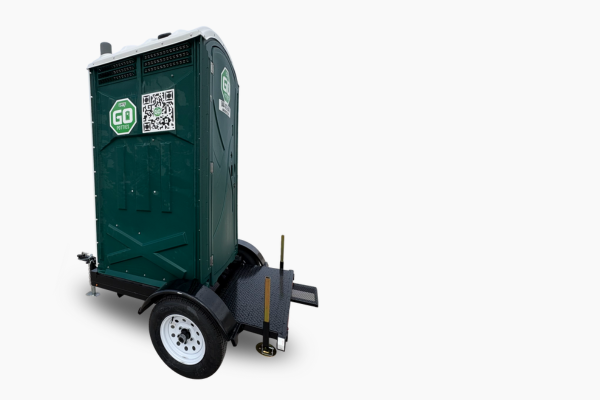 Single unit towable toilet trailer that can be rented from Go Potties Las Vegas