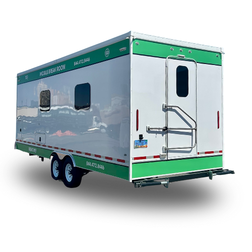 Mobile break room trailer by Go Potties in Las Vagas with windows and an access door, to protect outdoor teams from the weather and the elements.
