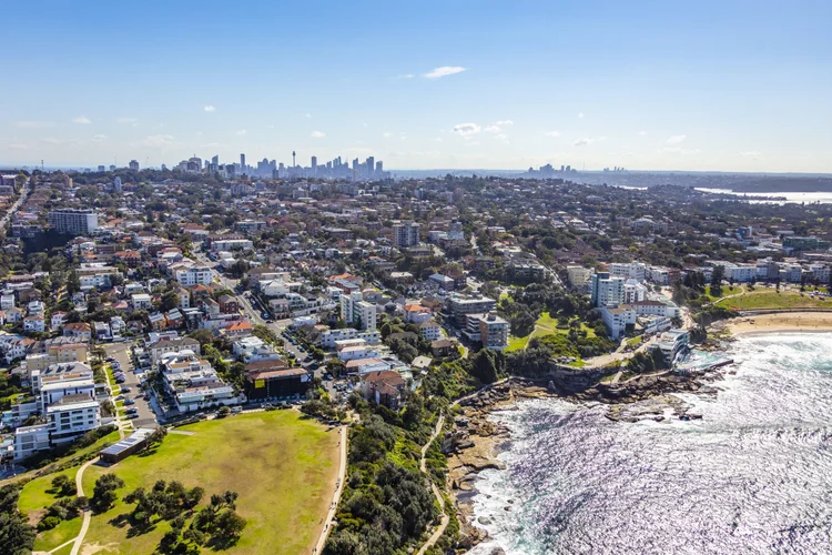 Aerial photograph of Bondi Beach to the Sydney CBD