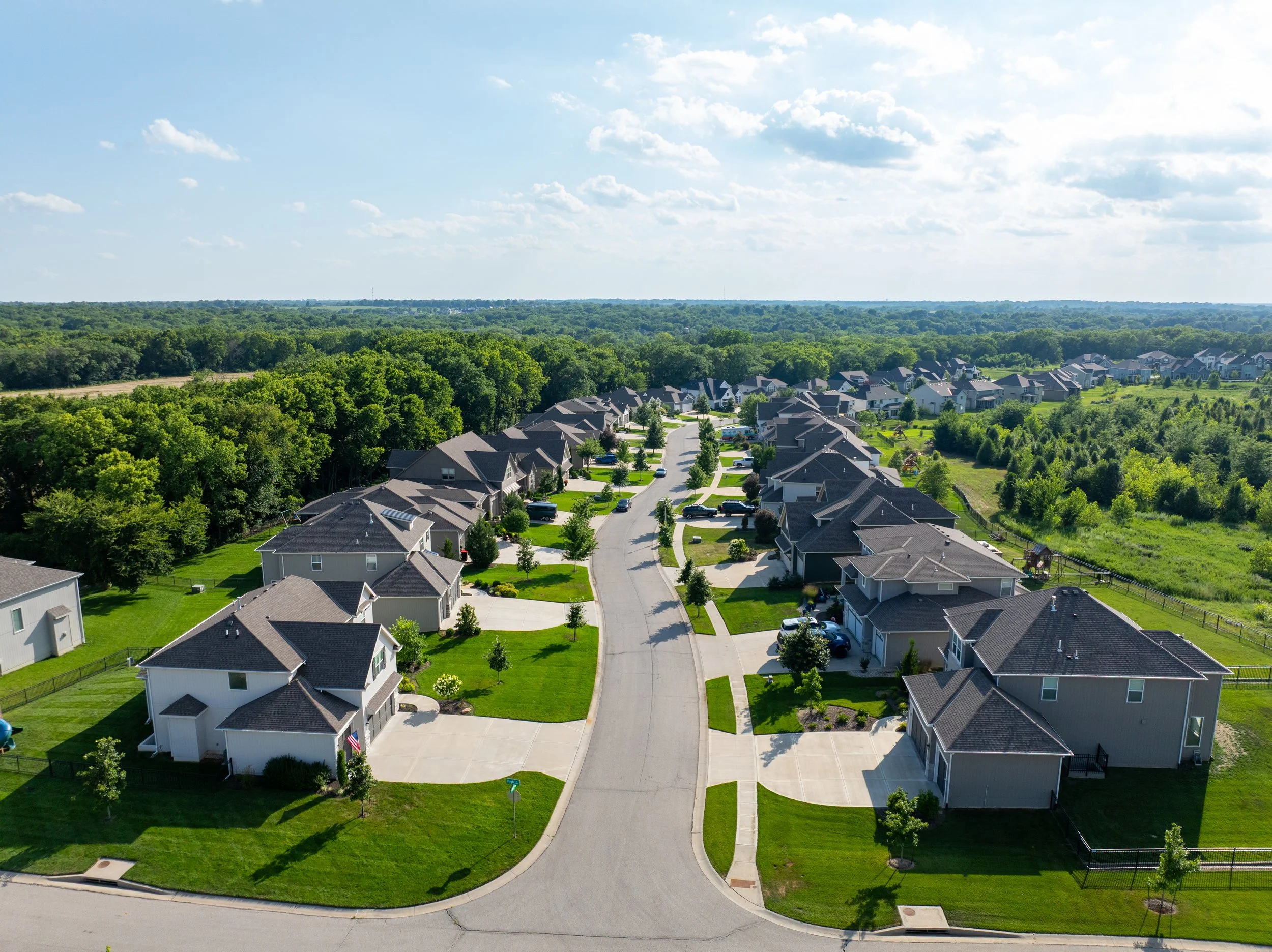 Aerial view of a curving residential street lined with two-story homes, backed by mature woods in South Overland Park