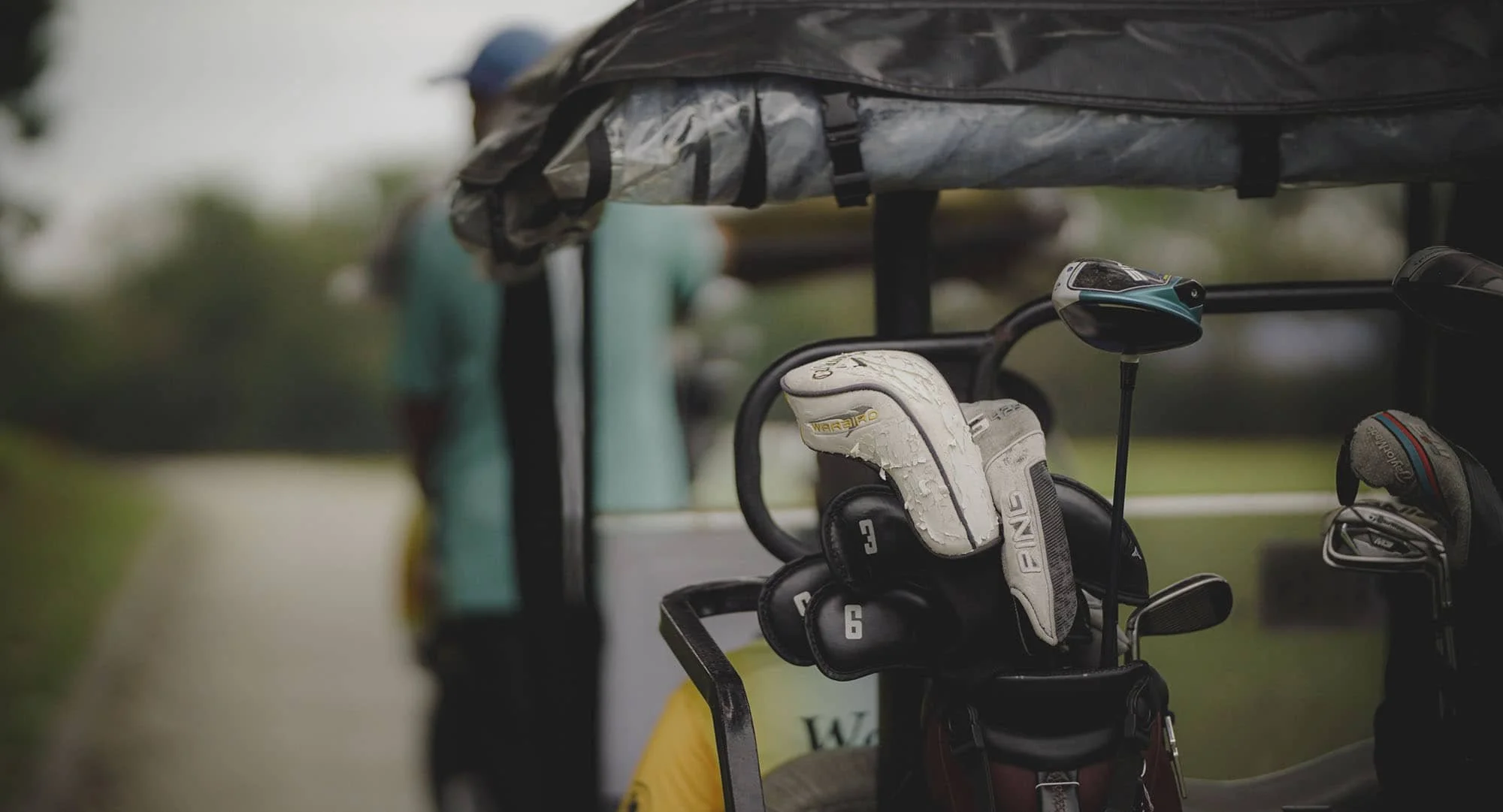 Close-up of golf clubs and headcovers on a golf cart in a private golf community.