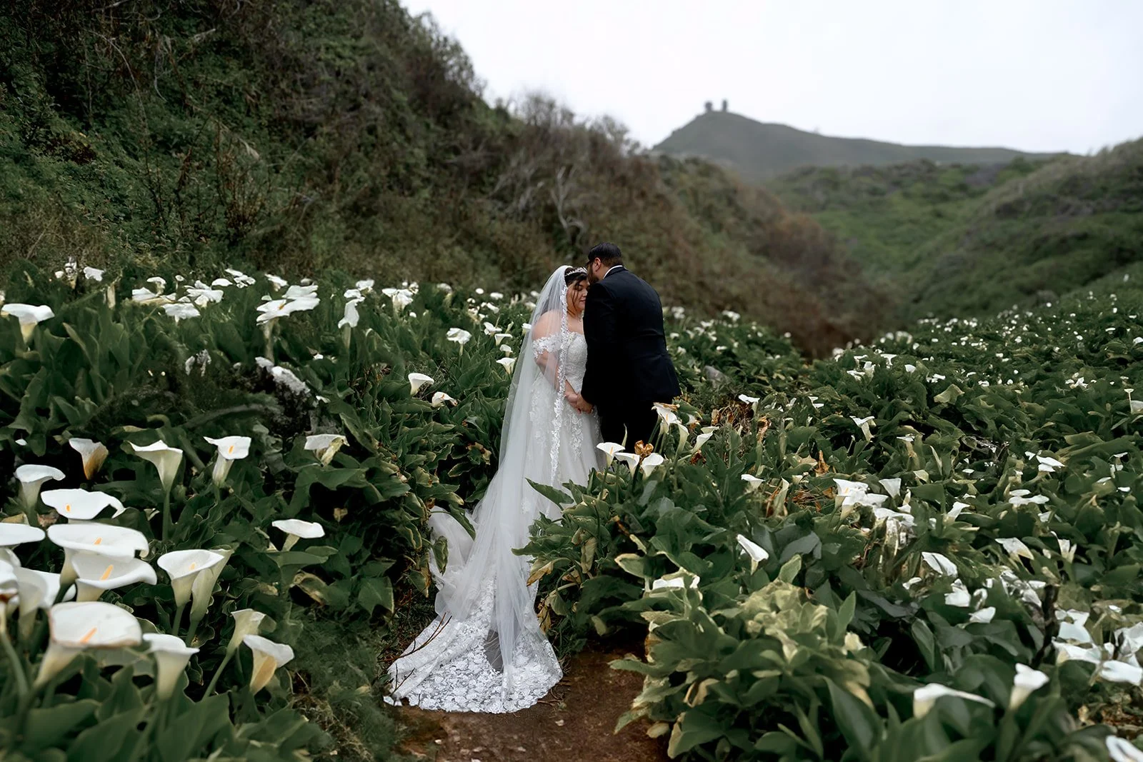 Bride and groom standing in the calla lilies in Big Sur for their wedding