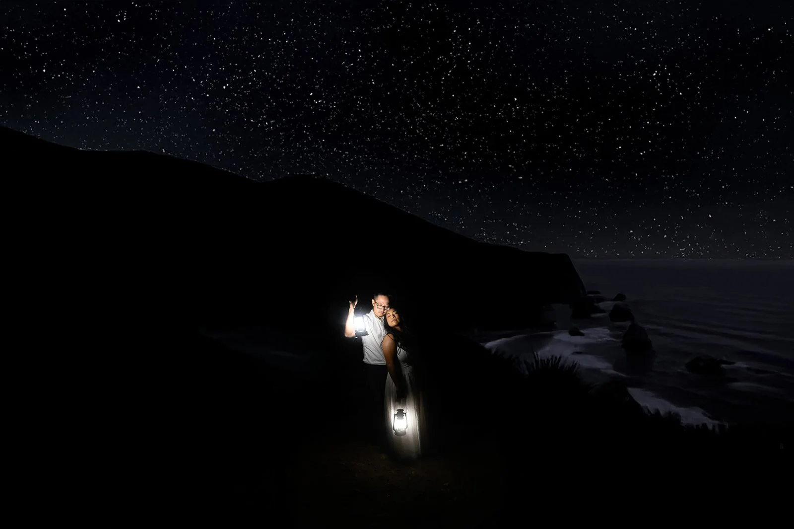 Adventure Engagement Photoshoot in Big Sur at night with the stars