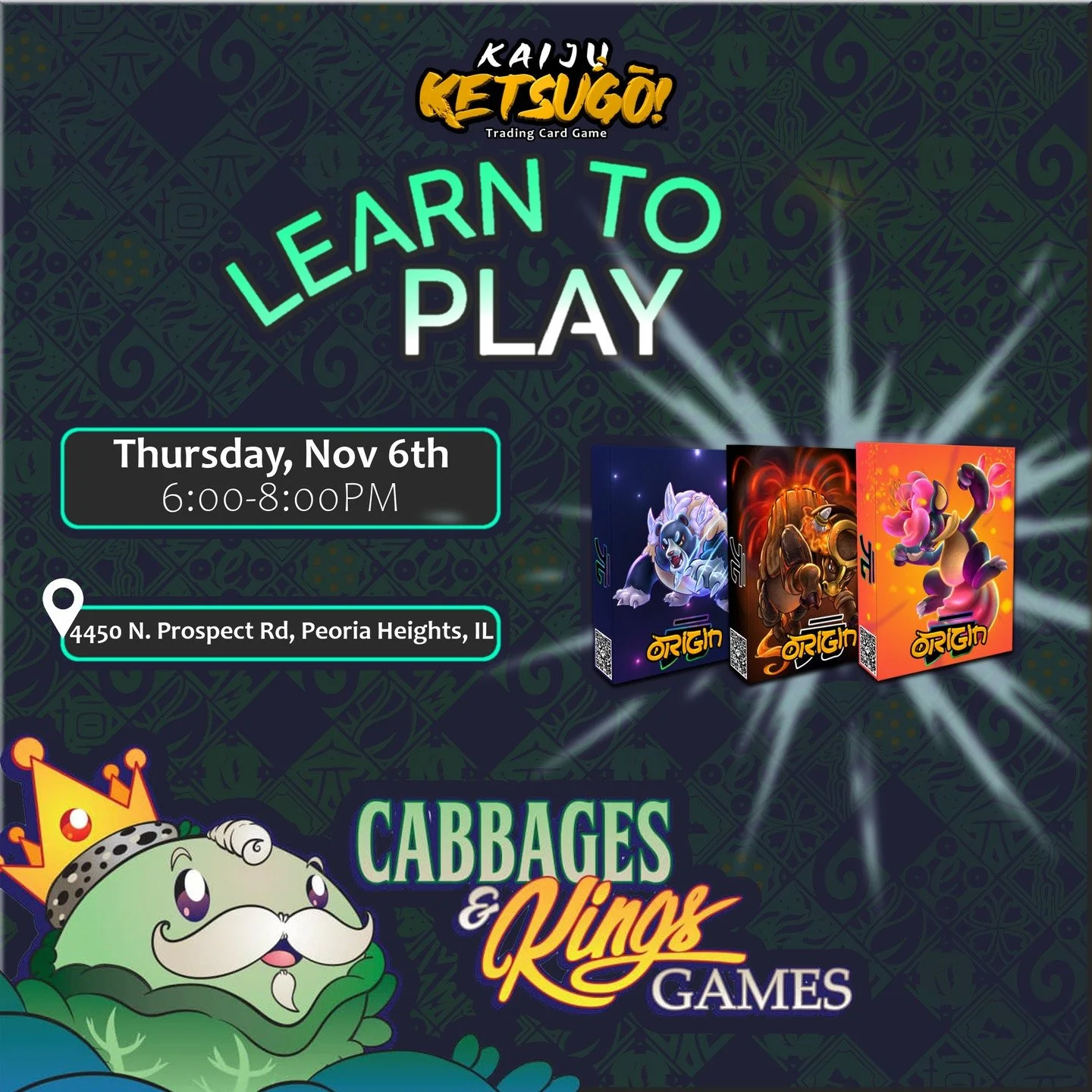 Hey Peoria!
@cabbagesandkingsgames is hosting a Kaiju Ketsugo! TCG Learn to Play event on Thursday, November 6th at 6:00PM.
Come on out and learn this easy but highly strategic new trading card game that will have you on the edge of your seat!
Can't 