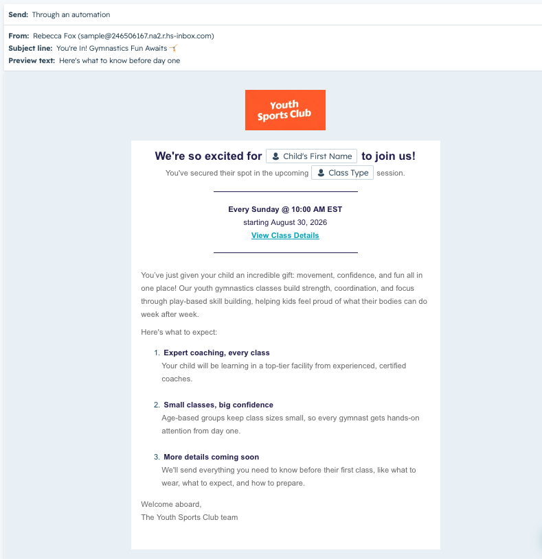 Enrollment Confirmation email, built and personalized in HubSpot