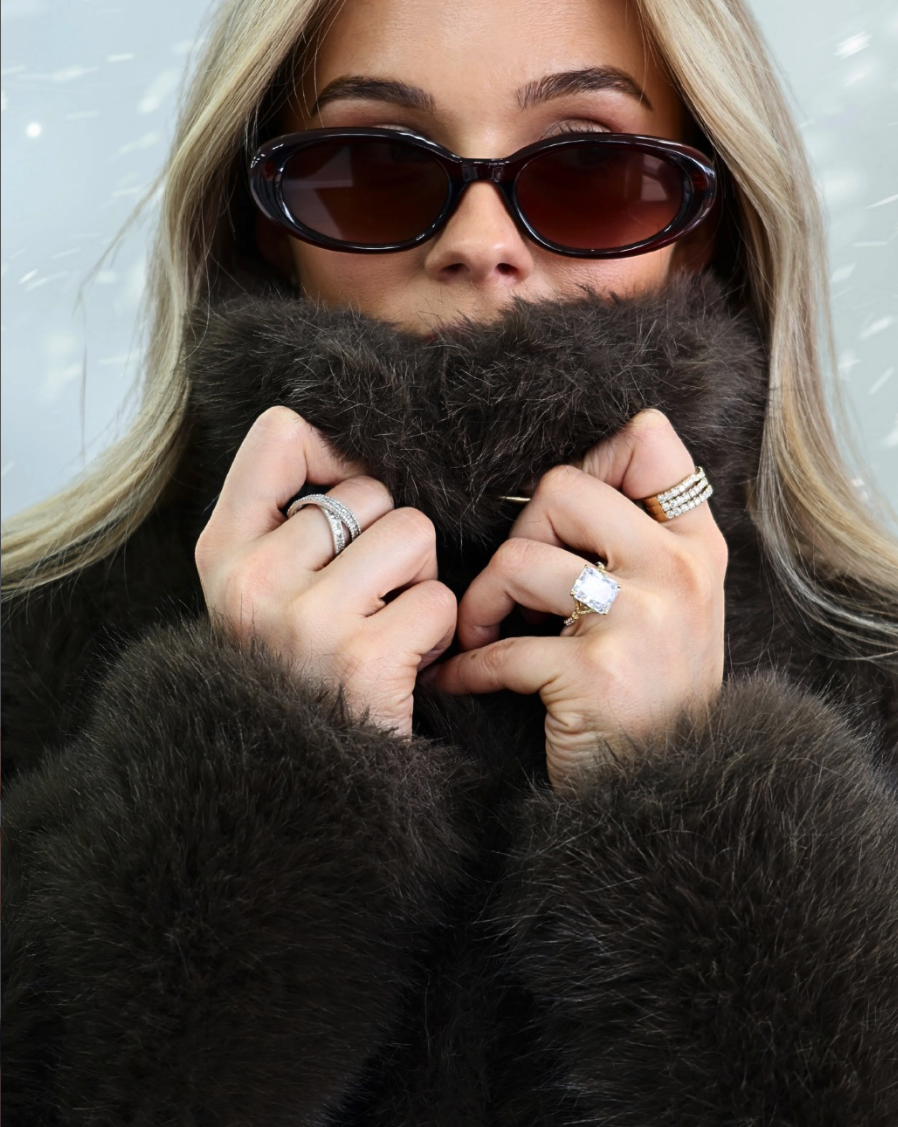 Woman with blonde hair wearing large sunglasses and a dark fur coat, holding the coat's collar with rings on her fingers.
