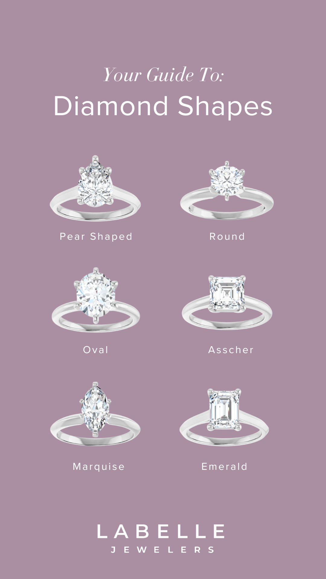 An advertisement featuring six different cuts of diamond rings on a purple background. The rings are labeled from top to bottom: Pear Shaped, Round, Oval, Asscher, Marquise, and Emerald, with the branding 'Labelle Jewelers' at the bottom.