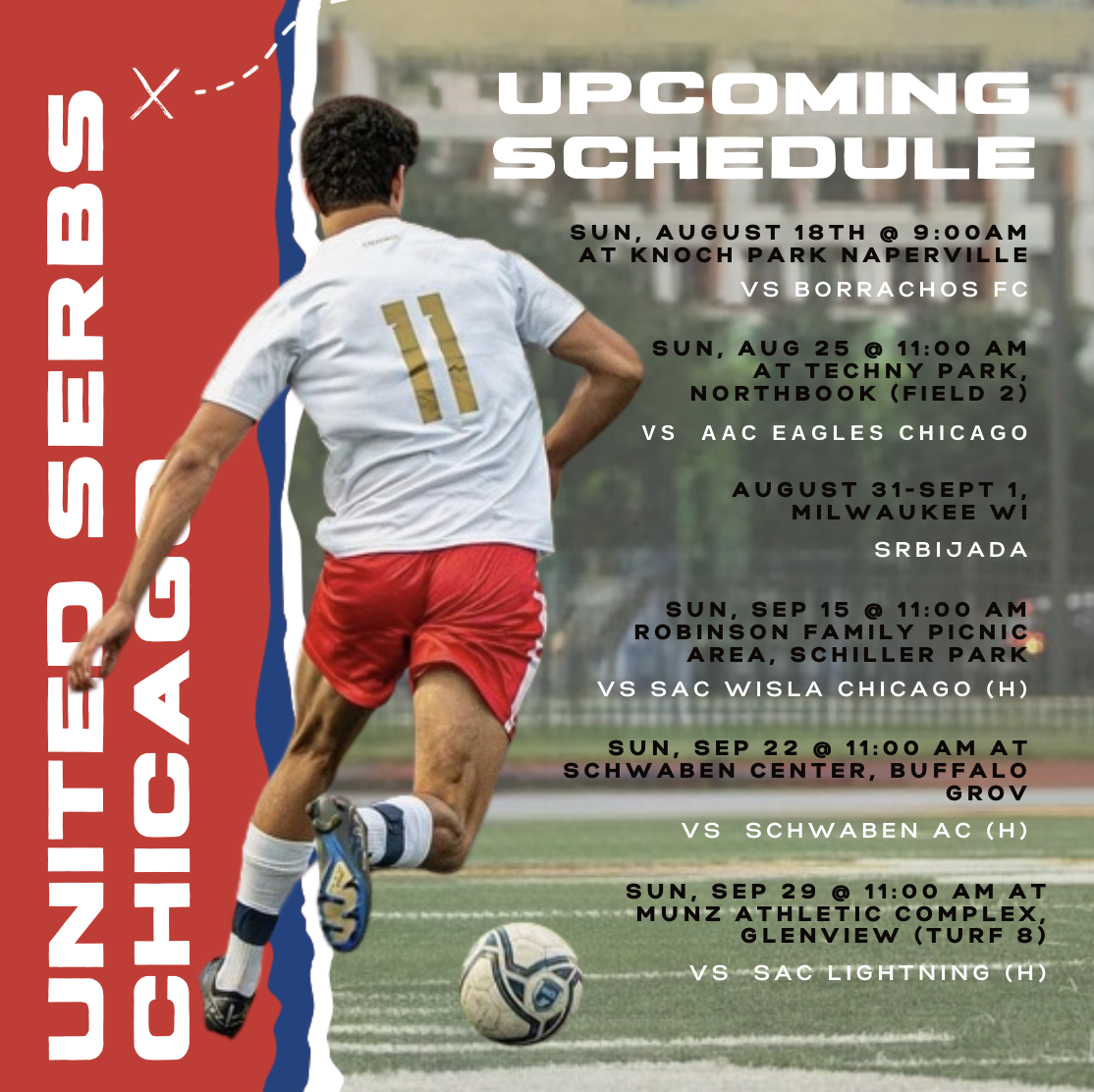 An athlete wearing a white jersey with the number 11 on the back, red shorts, and sports shoes, running on a soccer field with a soccer ball nearby, in the background of an outdoor sports setting.