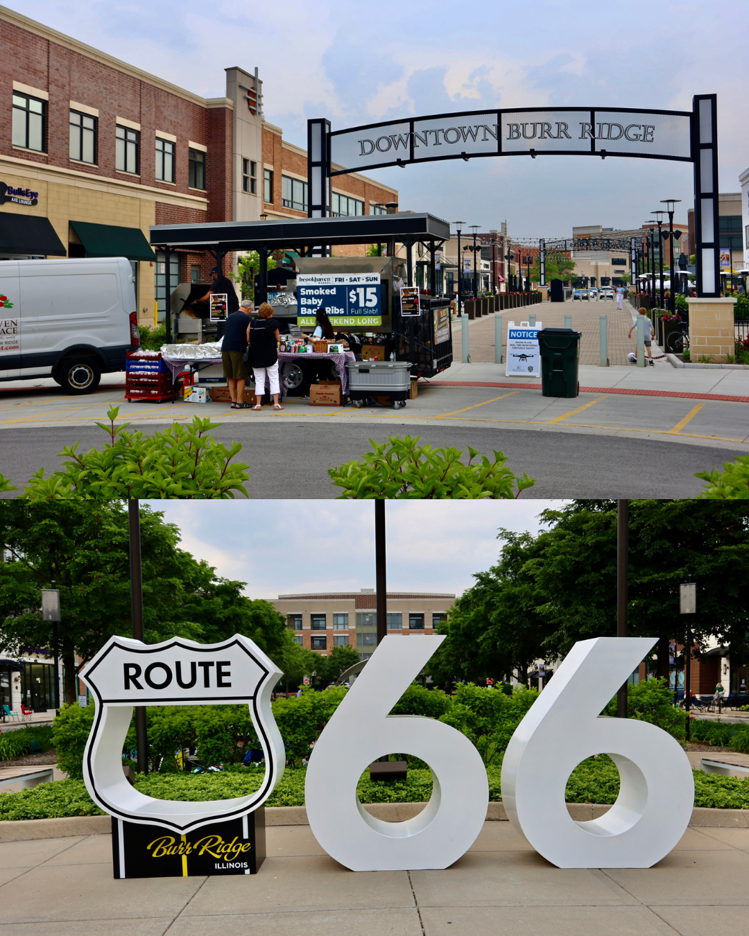 Entrance to Downtown Burr Ridge shopping area with a vendor stand selling smoked baby back ribs, nearby planters and people walking. Route 66 sign with Burr Ridge, Illinois sign on a sidewalk surrounded by greenery.