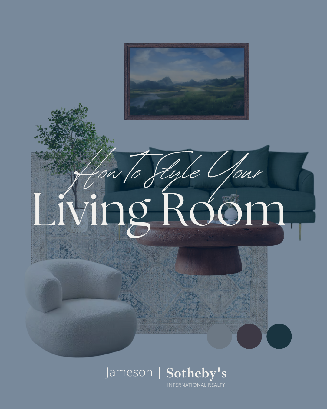 Cover of a style guide titled "How to Style Your Living Room" with a cozy living room scene including a gray sofa, a white armchair, a plant, a painting of a landscape, and a rug.