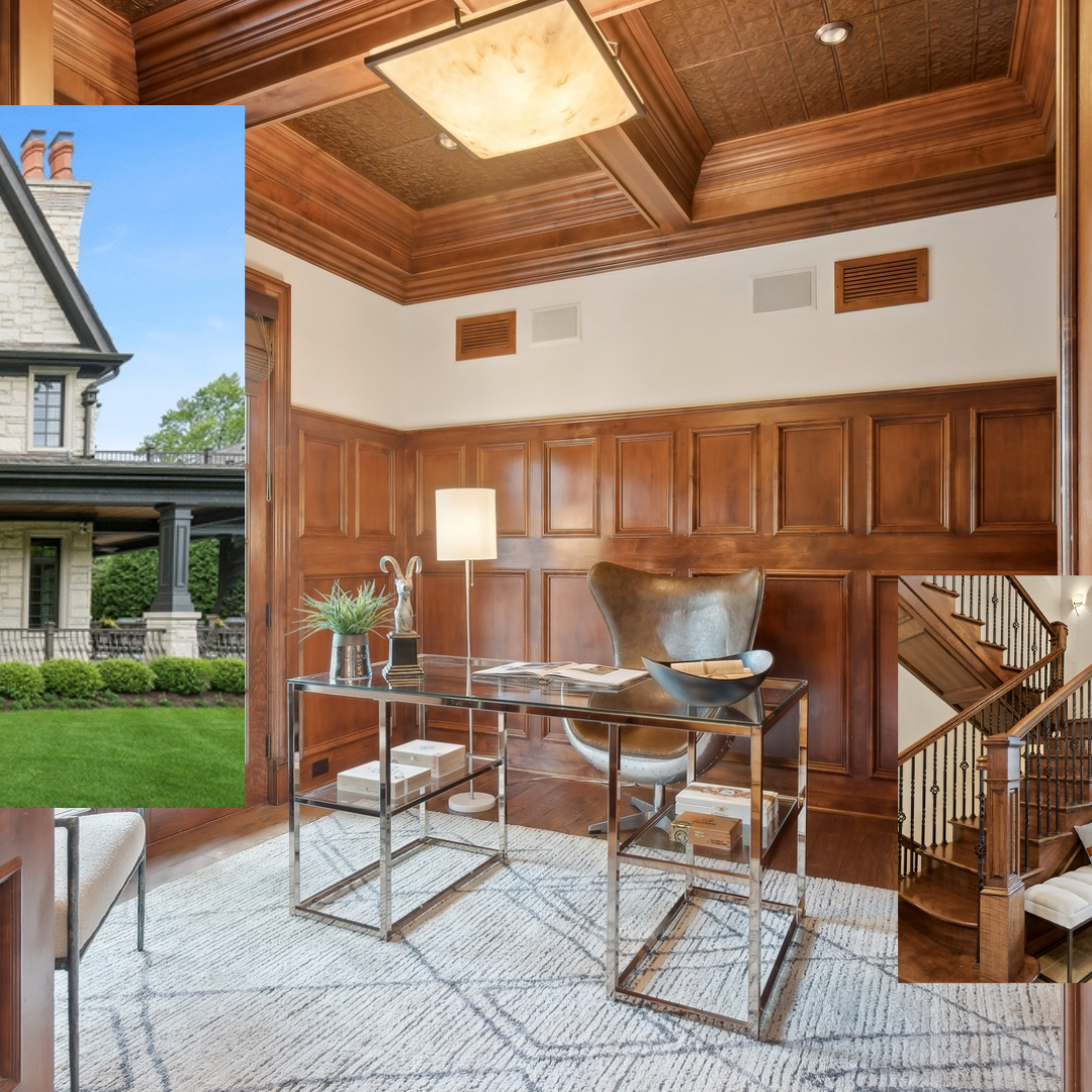 Interior of a wood-paneled office with a glass desk, leather chair, and modern decor, and outside view of a house with a lawn.
